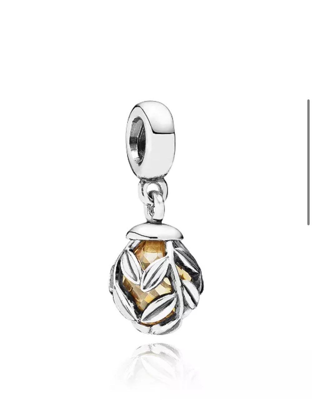 Pandora Sterling Silver & Cubic Zirconia Laurel Leaves Dangle Charm Amber Color